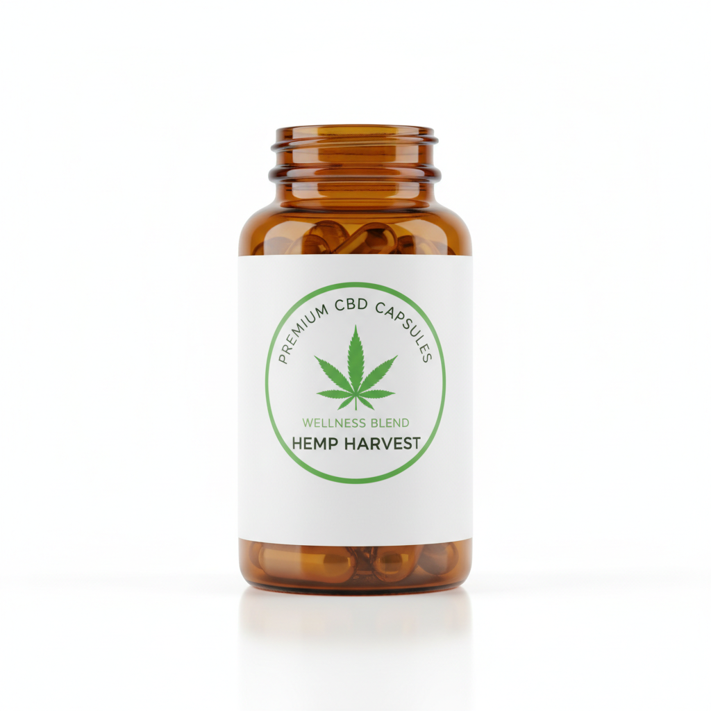 CBD capsules in an amber bottle
