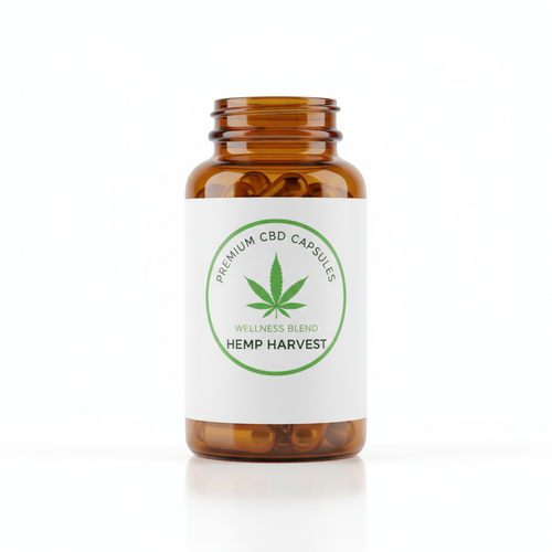 CBD capsules in an amber bottle
