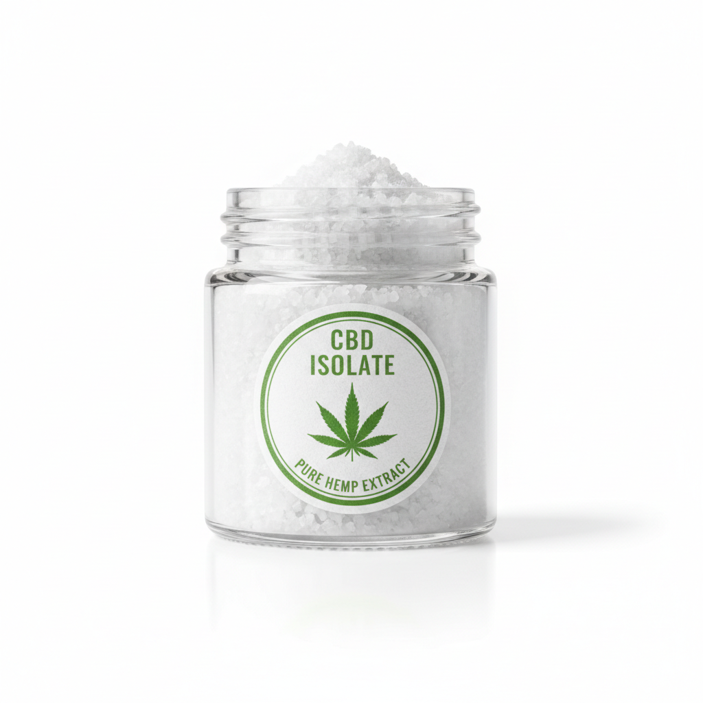 Pure CBD isolate powder in a glass jar