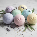 Colorful CBD bath bombs on marble surface